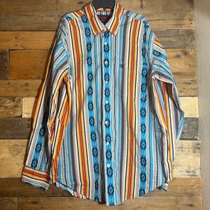 Men’s Rock & Roll Denim Aztec Long Sleeve Button Up blue orange black size Large